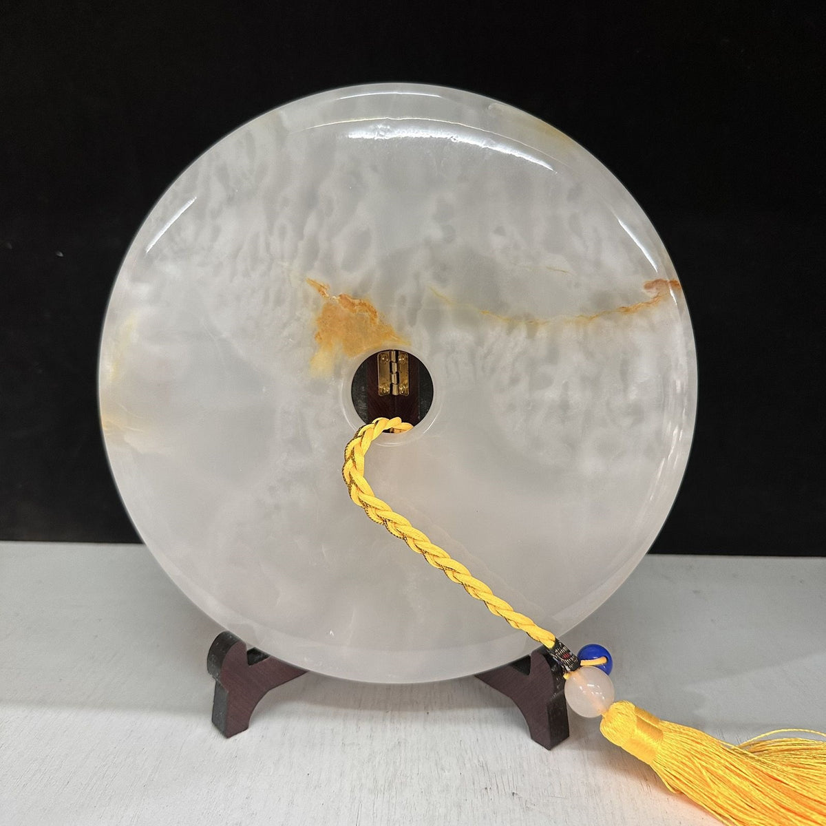 Pattern 14 Golden River natural Afghan stone Chinese peace buckle bi-disc ornament 20 cm with wood display stand