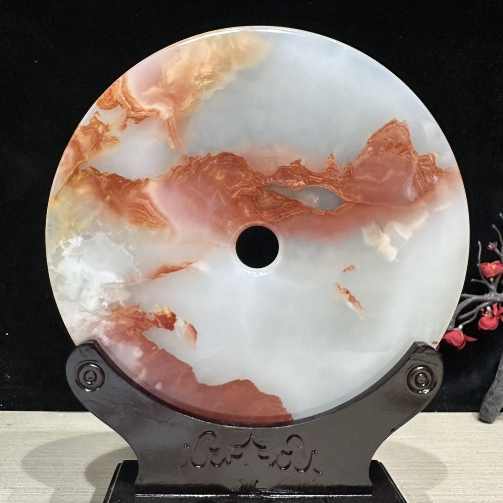 Pattern 15 Red Mountain natural Afghan stone Chinese peace buckle bi-disc ornament 20 cm with wood display stand