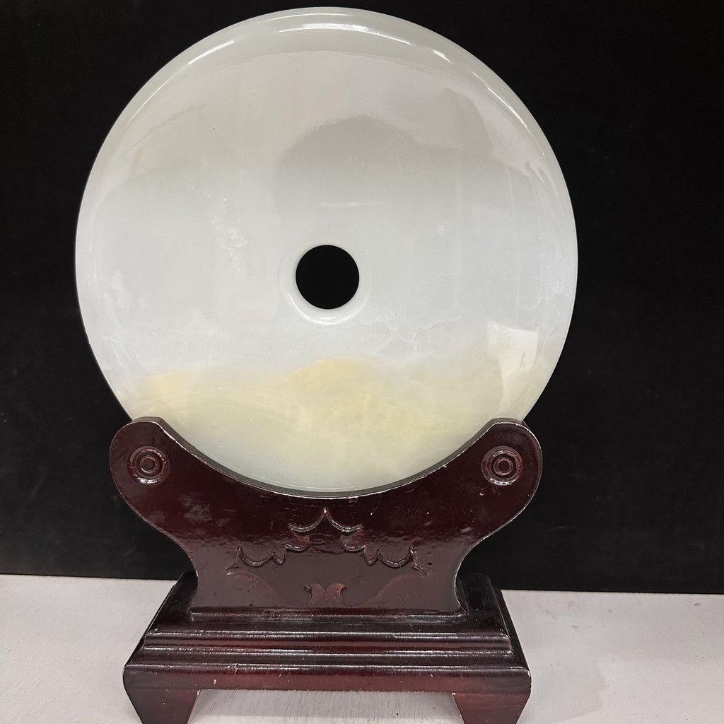 Pattern 16 Moonlit Sand natural Afghan stone Chinese peace buckle bi-disc ornament 20 cm with wood display stand