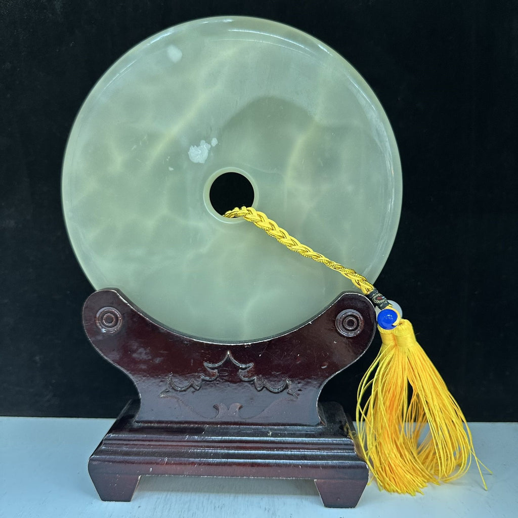 Pattern 17 Celadon Glow natural Afghan stone Chinese peace buckle bi-disc ornament 20 cm with wood display stand