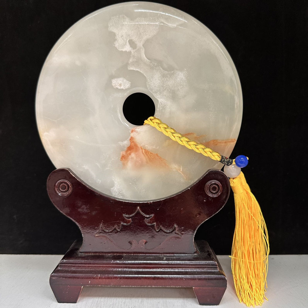 Pattern 18 Peach Blossom natural Afghan stone Chinese peace buckle bi-disc ornament 20 cm with wood display stand
