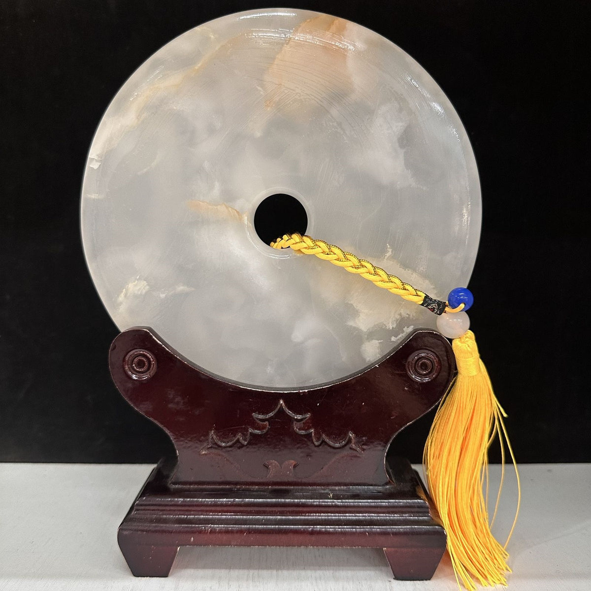 Pattern 19 Pale Peach Cloud natural Afghan stone Chinese peace buckle bi-disc ornament 20 cm with wood display stand