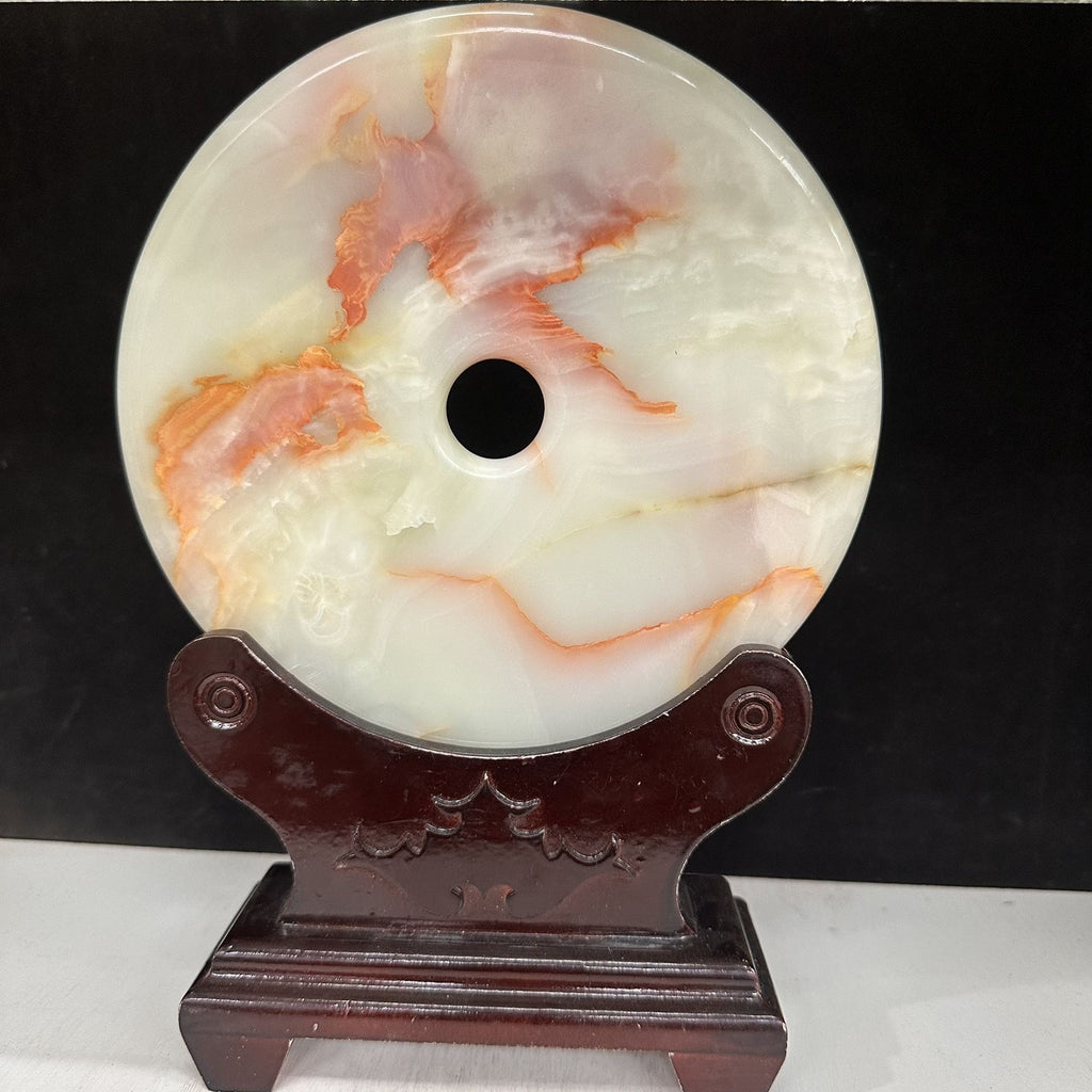 Pattern 20 Coral Flame natural Afghan stone Chinese peace buckle bi-disc ornament 20 cm with wood display stand