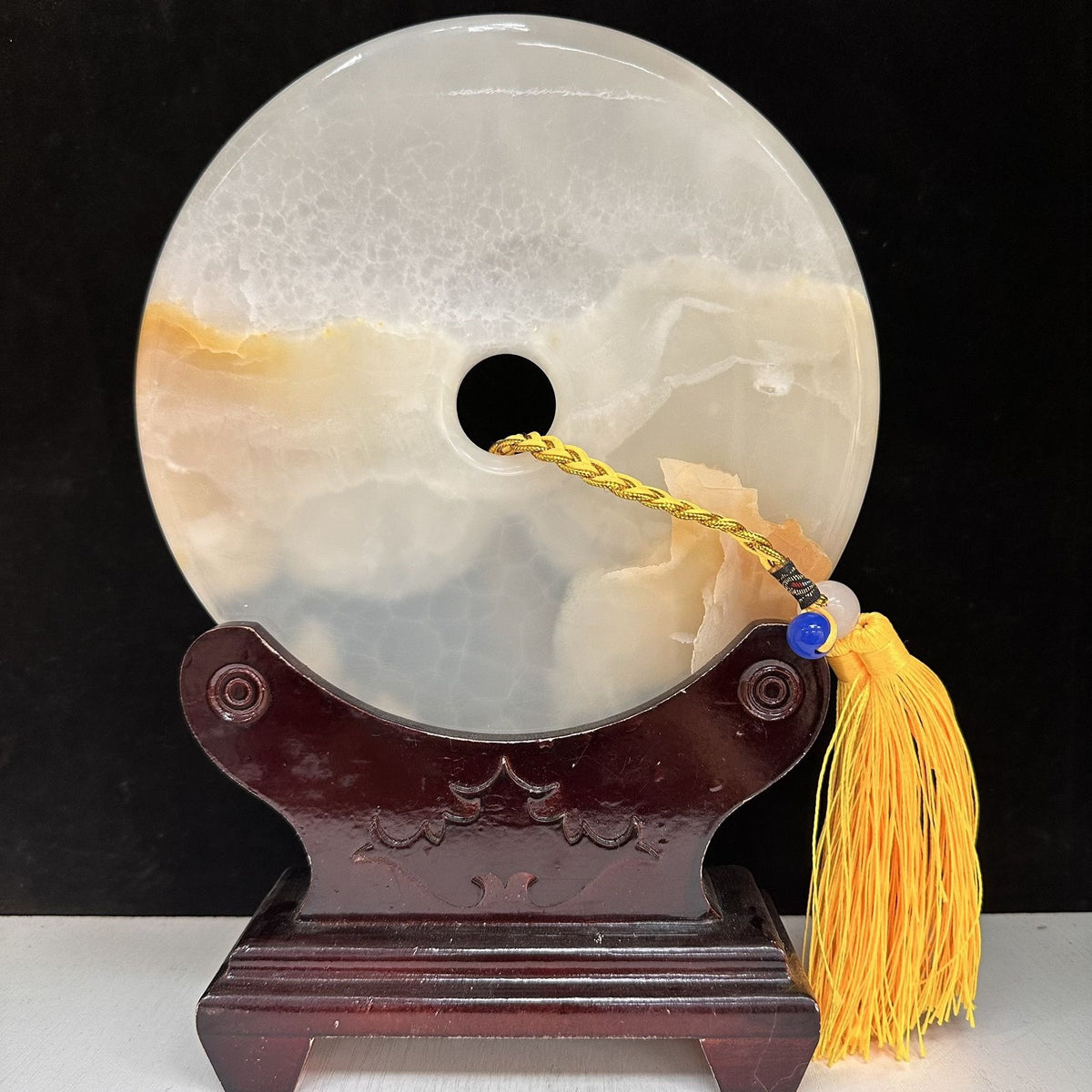 Pattern 21 Golden Cloudline natural Afghan stone Chinese peace buckle bi-disc ornament 20 cm with wood display stand