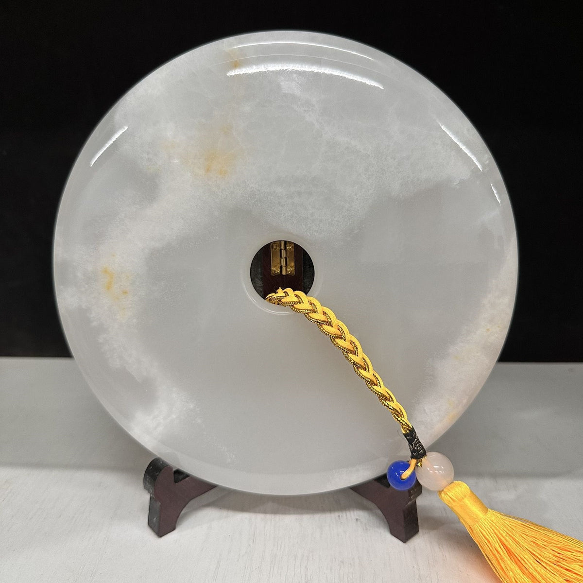 Pattern 22 Silver Mist natural Afghan stone Chinese peace buckle bi-disc ornament 20 cm with wood display stand