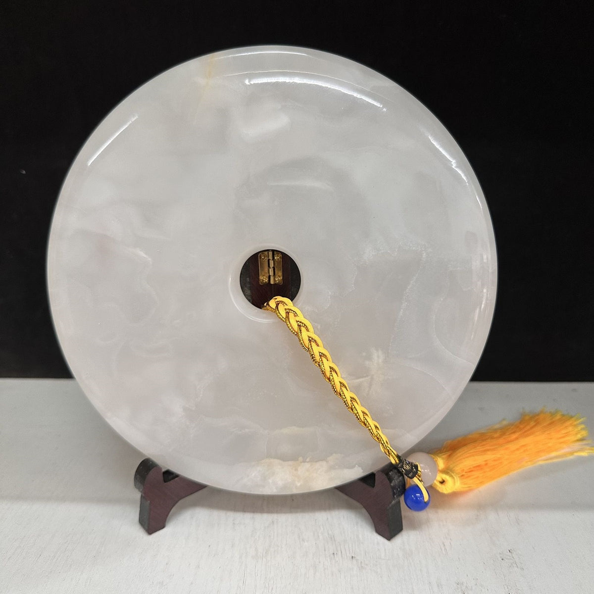 Pattern 24 Frost White natural Afghan stone Chinese peace buckle bi-disc ornament 20 cm with wood display stand
