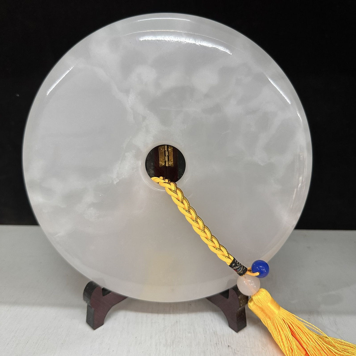 Pattern 25 Snow Veil natural Afghan stone Chinese peace buckle bi-disc ornament 20 cm with wood display stand