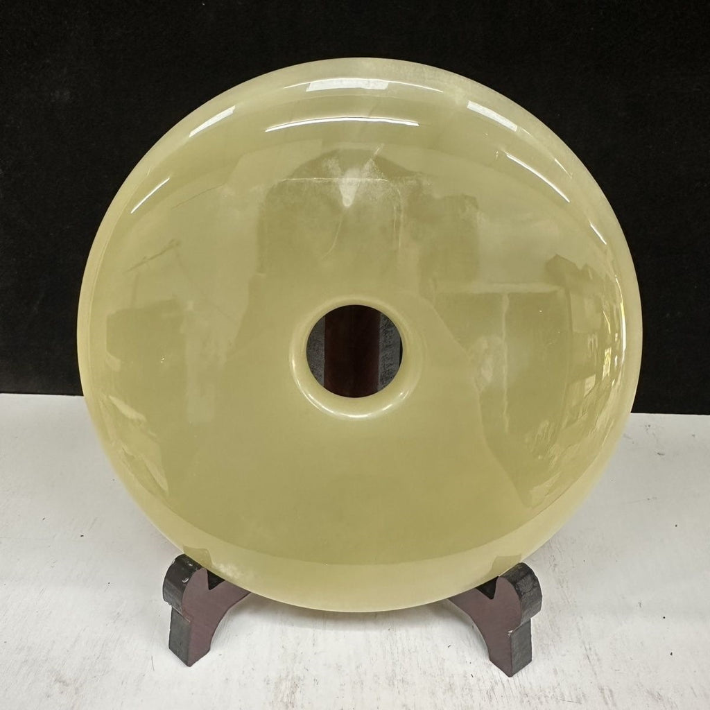 Pattern 26 Olive Honey natural Afghan stone Chinese peace buckle bi-disc ornament 20 cm with wood display stand