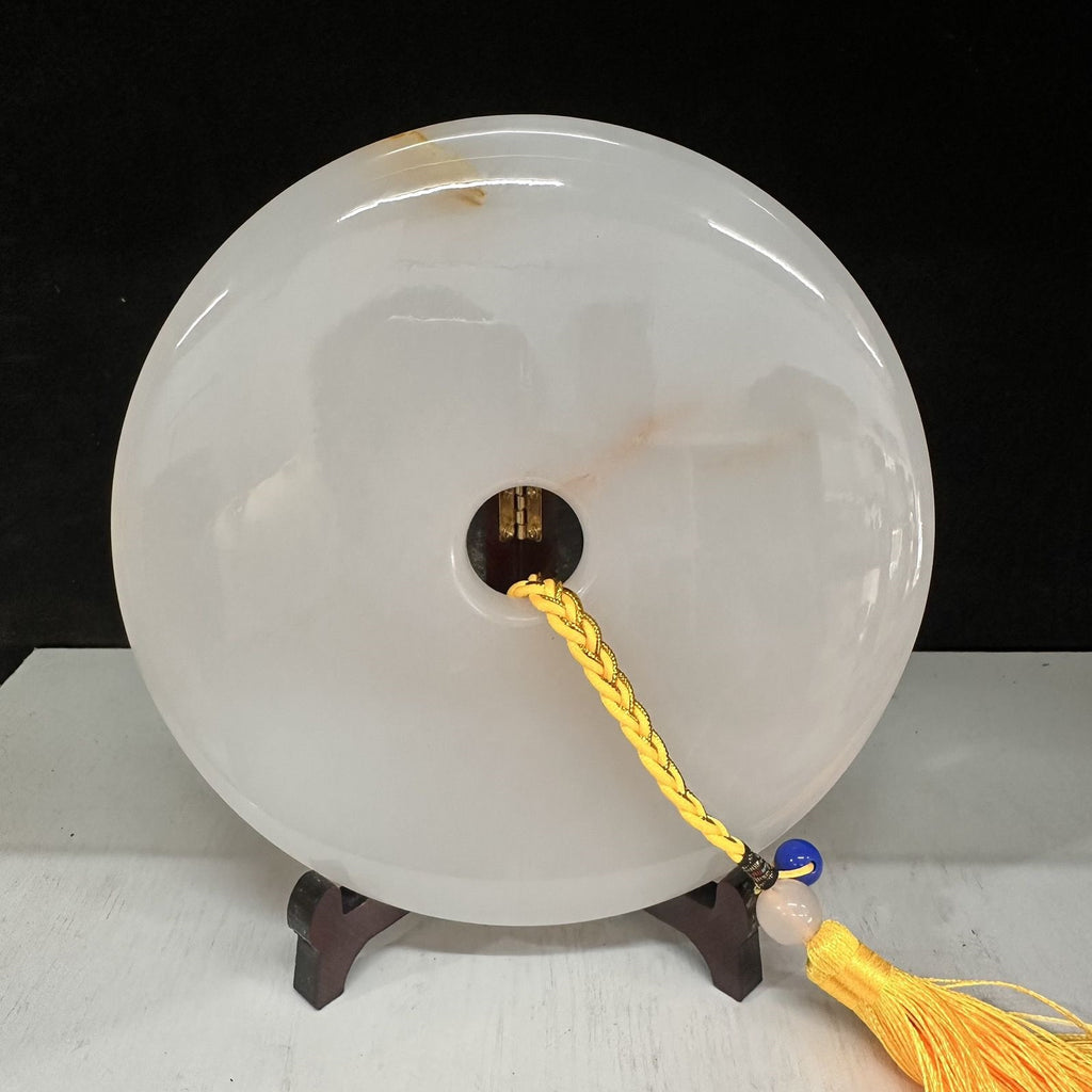 Pattern 27 Soft Ivory natural Afghan stone Chinese peace buckle bi-disc ornament 20 cm with wood display stand