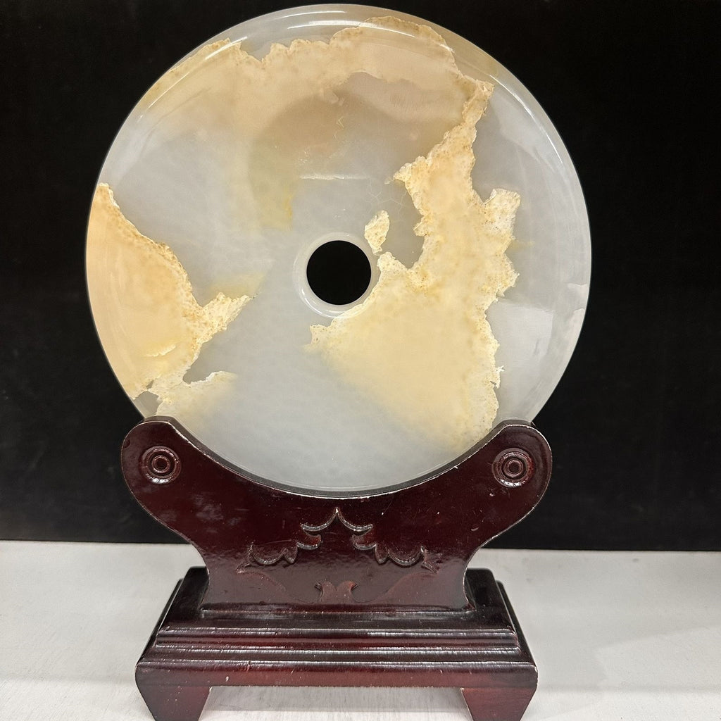 Pattern 28 Golden Fragment natural Afghan stone Chinese peace buckle bi-disc ornament 20 cm with wood display stand