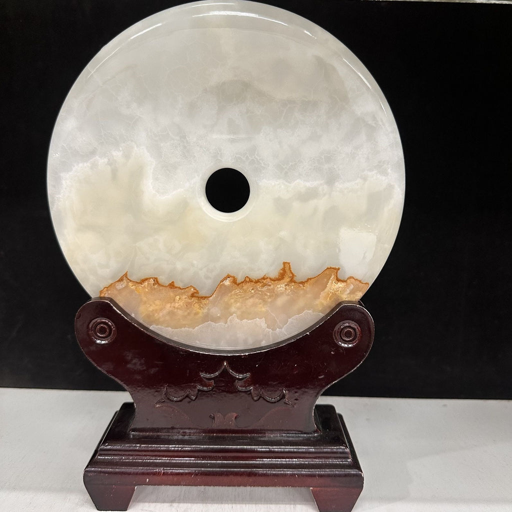 Pattern 29 Honey Canyon natural Afghan stone Chinese peace buckle bi-disc ornament 20 cm with wood display stand