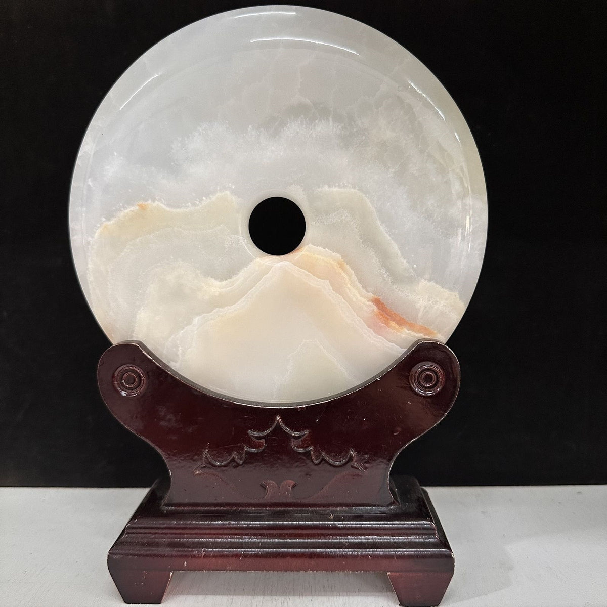 Pattern 30 Cream Wave natural Afghan stone Chinese peace buckle bi-disc ornament 20 cm with wood display stand