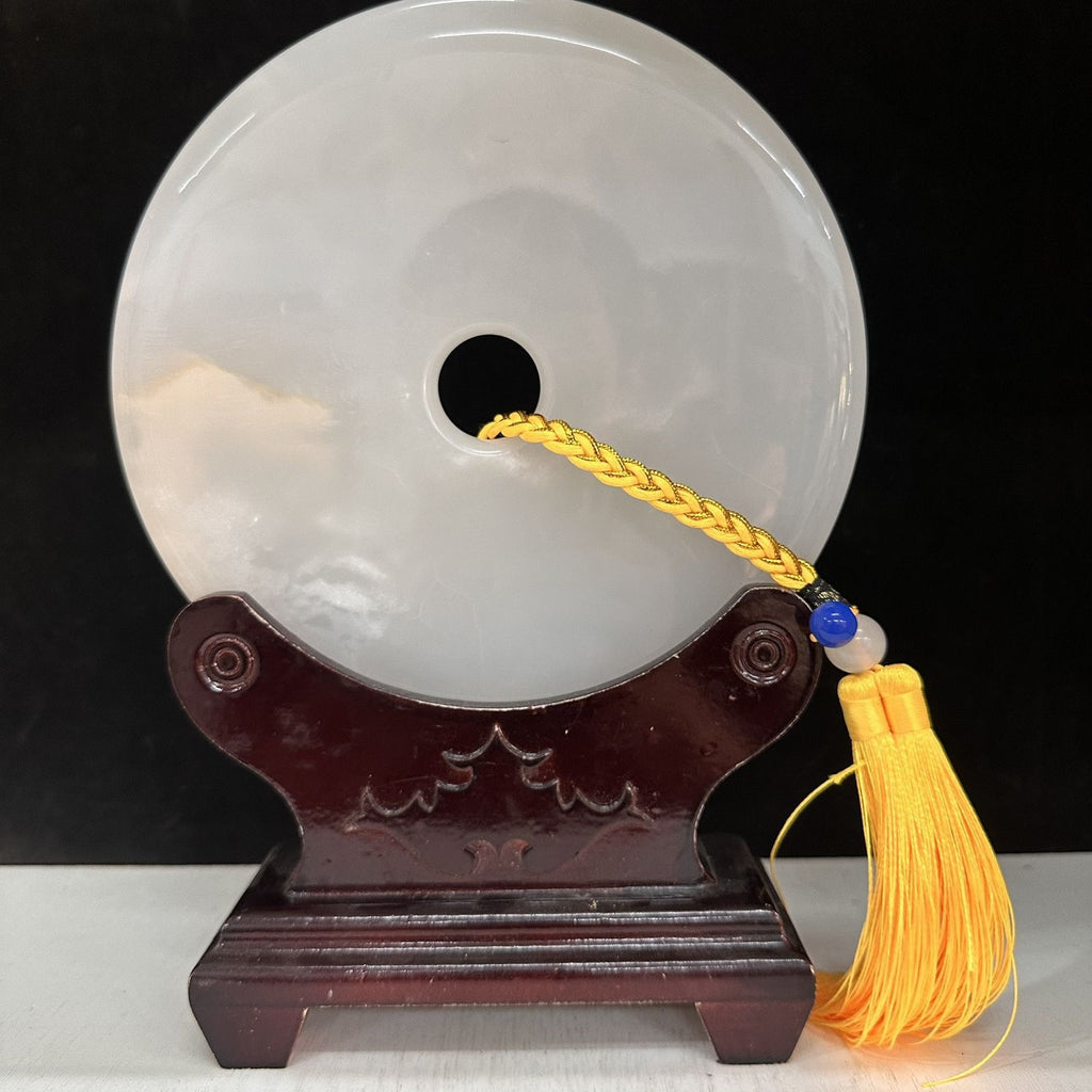 Pattern 31 Moonstone Cloud natural Afghan stone Chinese peace buckle bi-disc ornament 20 cm with wood display stand