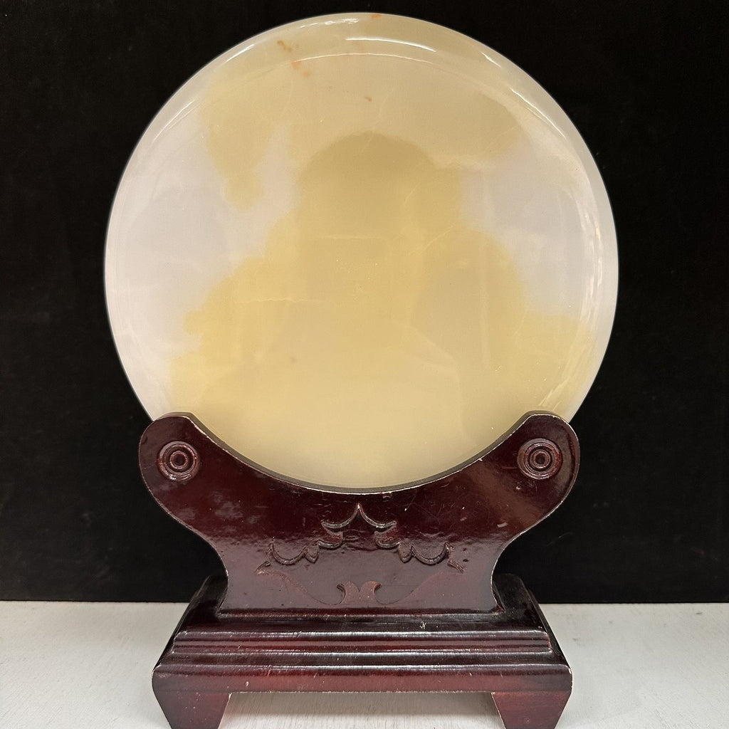 Pattern 32 Warm Honey natural Afghan stone Chinese peace buckle bi-disc ornament 20 cm with wood display stand