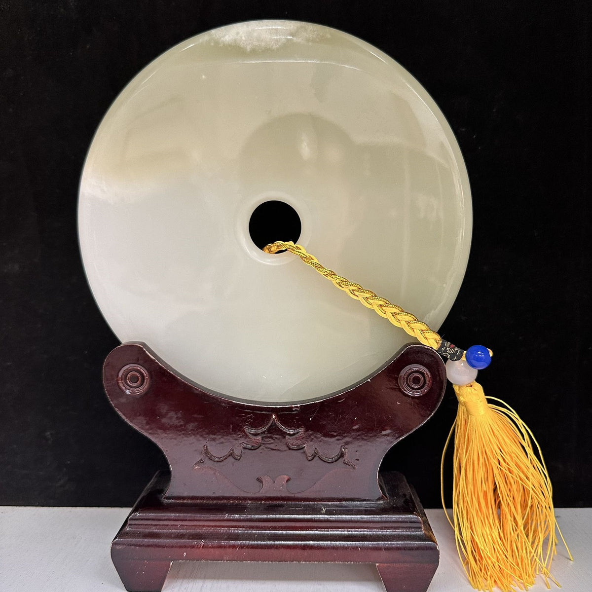 Pattern 33 Pale Jade Glow natural Afghan stone Chinese peace buckle bi-disc ornament 20 cm with wood display stand