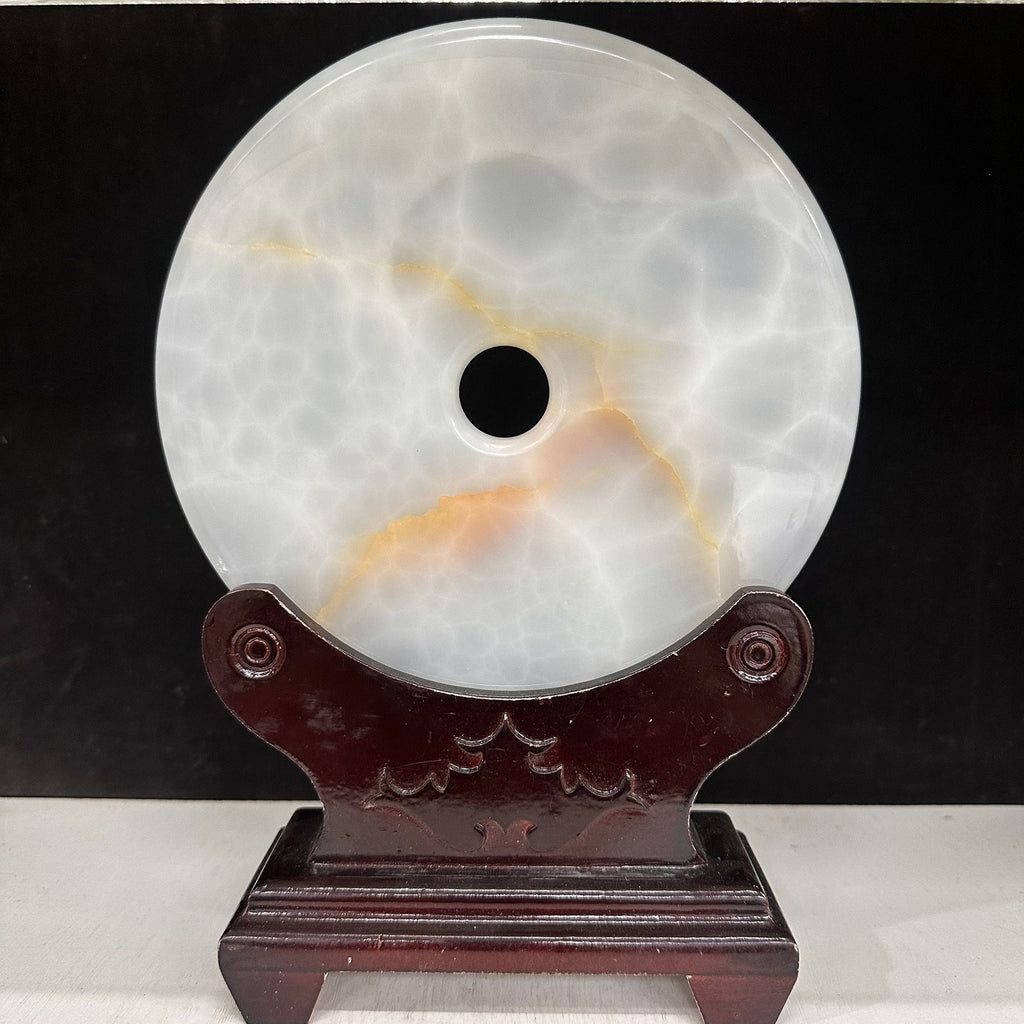 Pattern 34 Amber Crescent natural Afghan stone Chinese peace buckle bi-disc ornament 20 cm with wood display stand