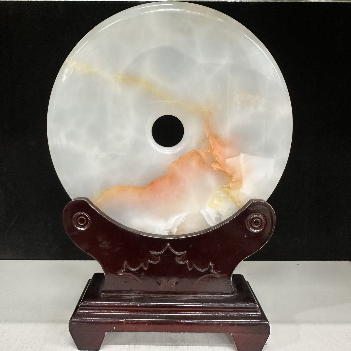 Pattern 35 Peach Ember natural Afghan stone Chinese peace buckle bi-disc ornament 20 cm with wood display stand