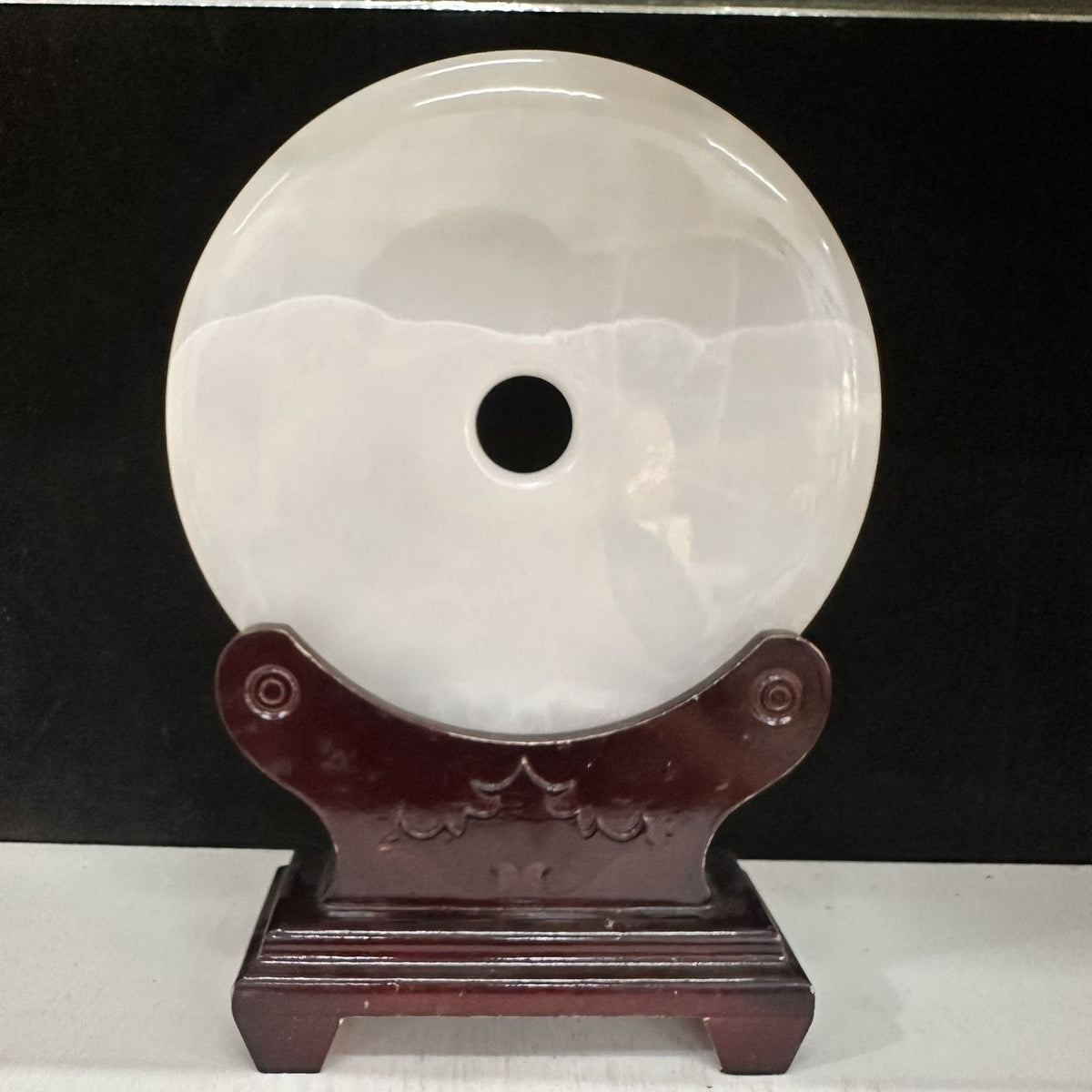 Pattern 37 Pure Snow natural Afghan stone Chinese peace buckle bi-disc ornament 20 cm with wood display stand