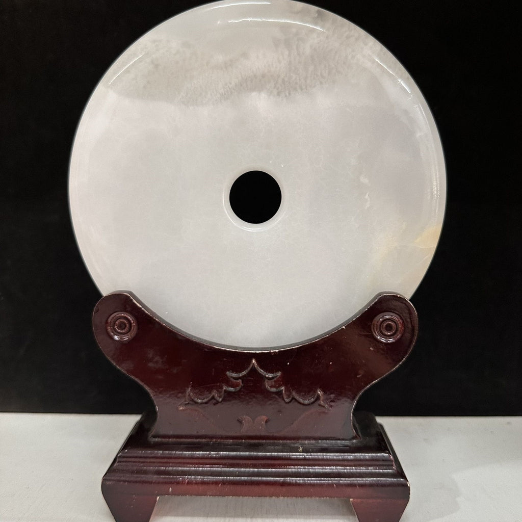 Pattern 39 Pearl Mist natural Afghan stone Chinese peace buckle bi-disc ornament 20 cm with wood display stand
