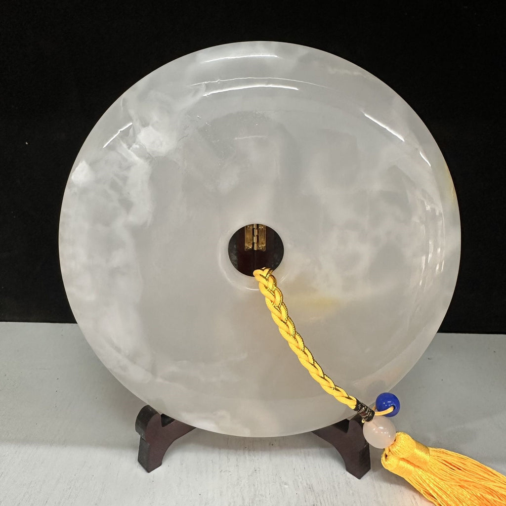 Pattern 40 Clear Ice natural Afghan stone Chinese peace buckle bi-disc ornament 20 cm with wood display stand