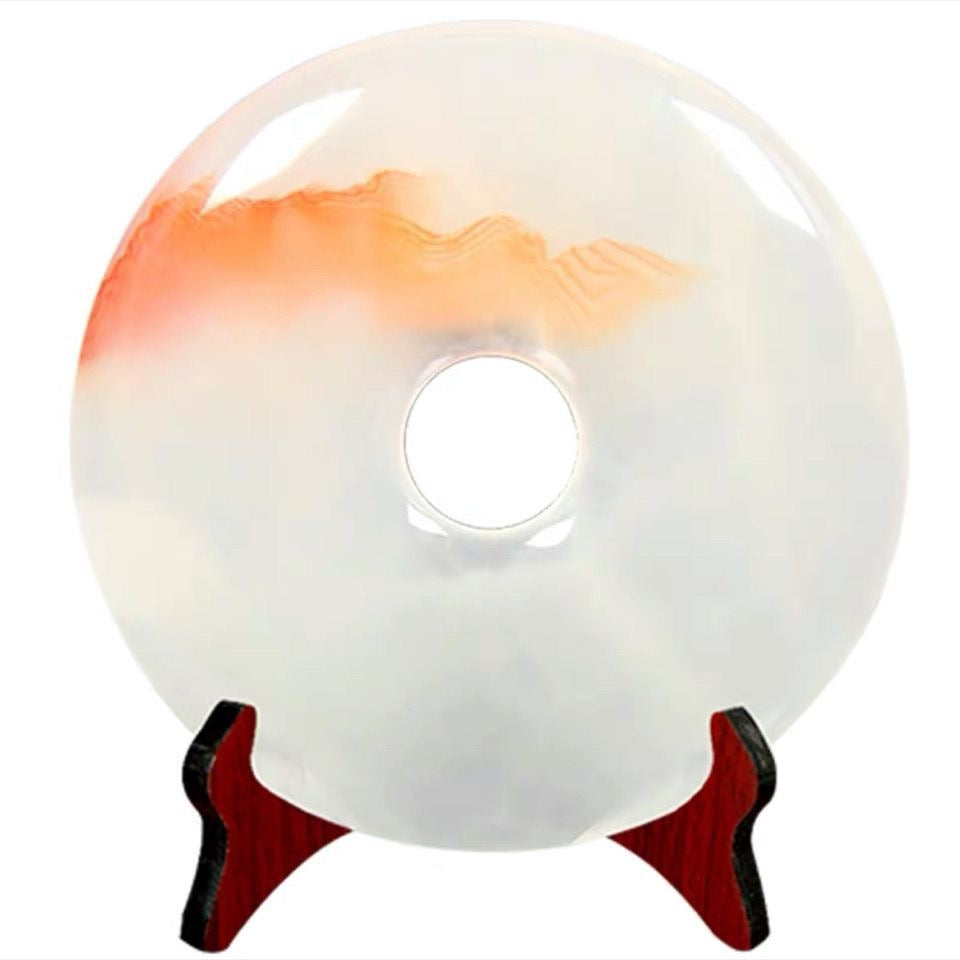Pattern 41 Sunset Mountain natural Afghan stone Chinese peace buckle bi-disc ornament 20 cm with wood display stand
