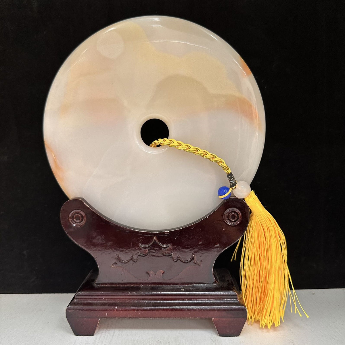 Pattern 42 Amber Ring natural Afghan stone Chinese peace buckle bi-disc ornament 20 cm with wood display stand