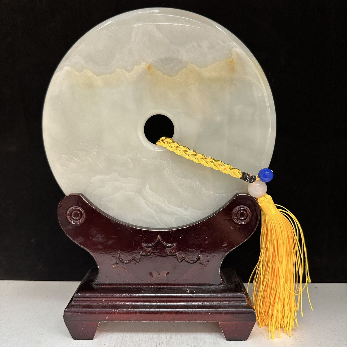Pattern 43 Golden Ridge natural Afghan stone Chinese peace buckle bi-disc ornament 20 cm with wood display stand