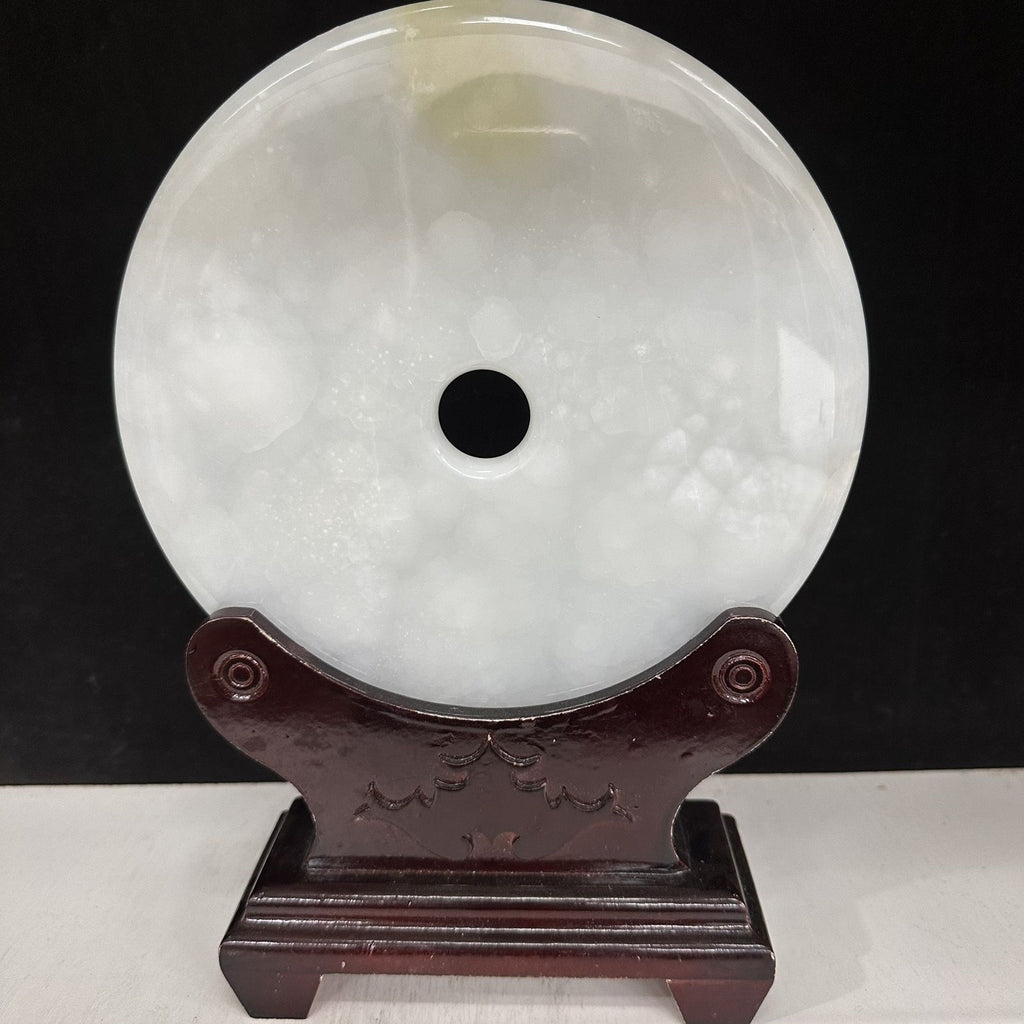 Pattern 45 White Crystal natural Afghan stone Chinese peace buckle bi-disc ornament 20 cm with wood display stand