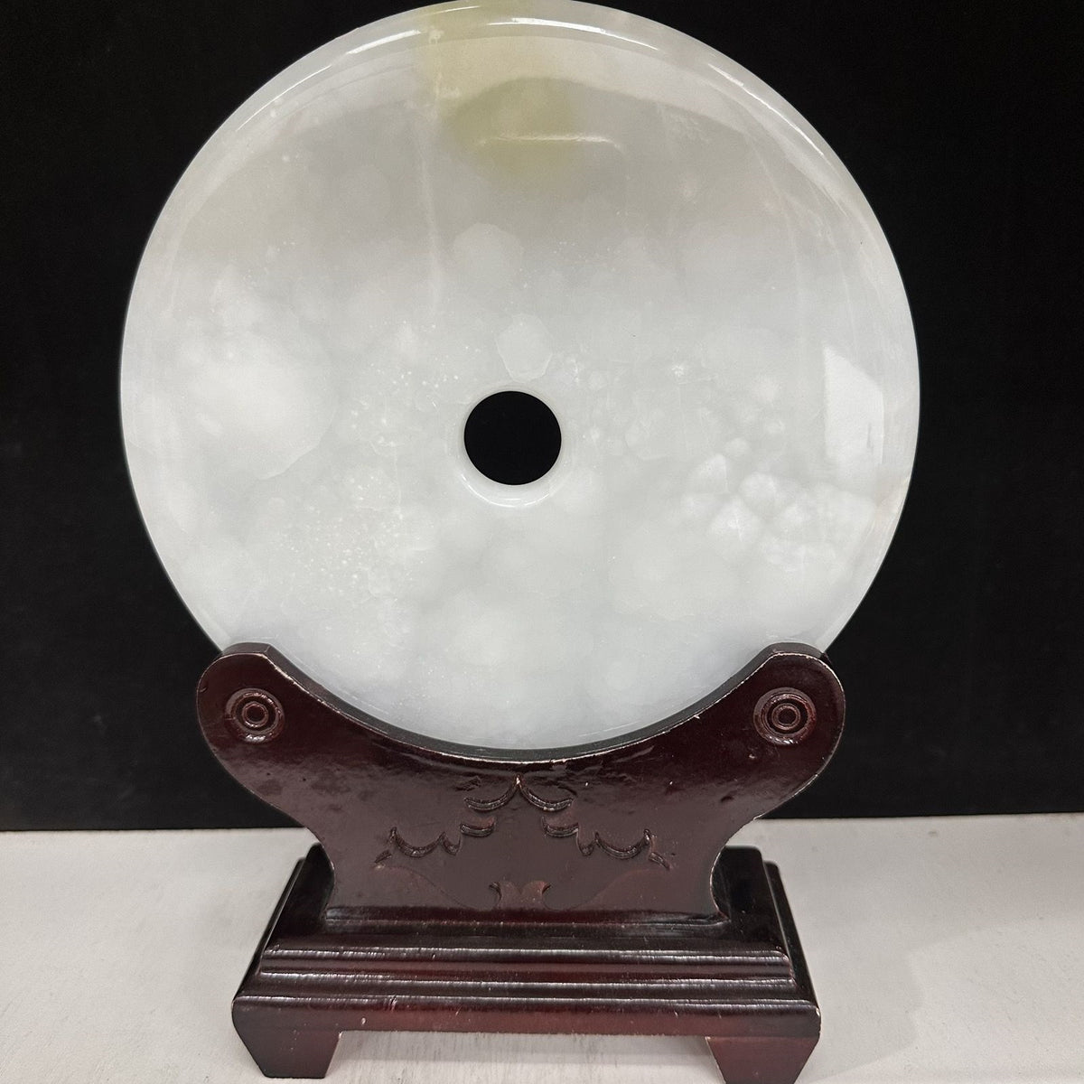 Pattern 45 White Crystal natural Afghan stone Chinese peace buckle bi-disc ornament 20 cm with wood display stand