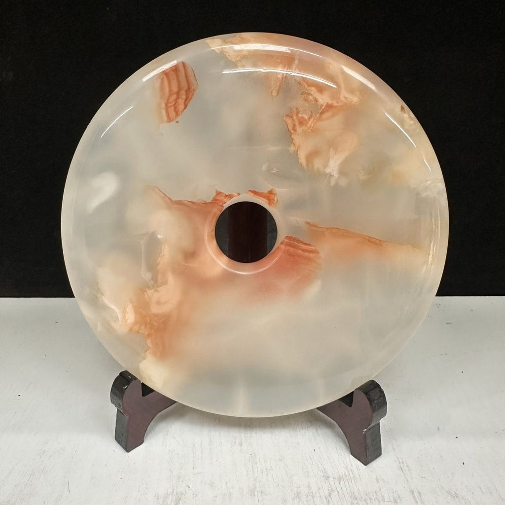 Pattern 46 Red Vein natural Afghan stone Chinese peace buckle bi-disc ornament 20 cm with wood display stand