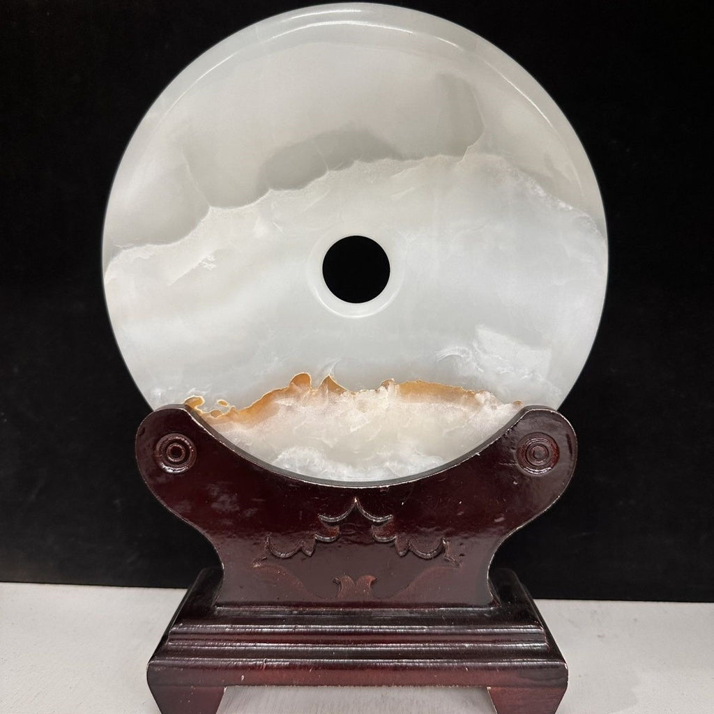 Pattern 47 Snow Mountain natural Afghan stone Chinese peace buckle bi-disc ornament 20 cm with wood display stand