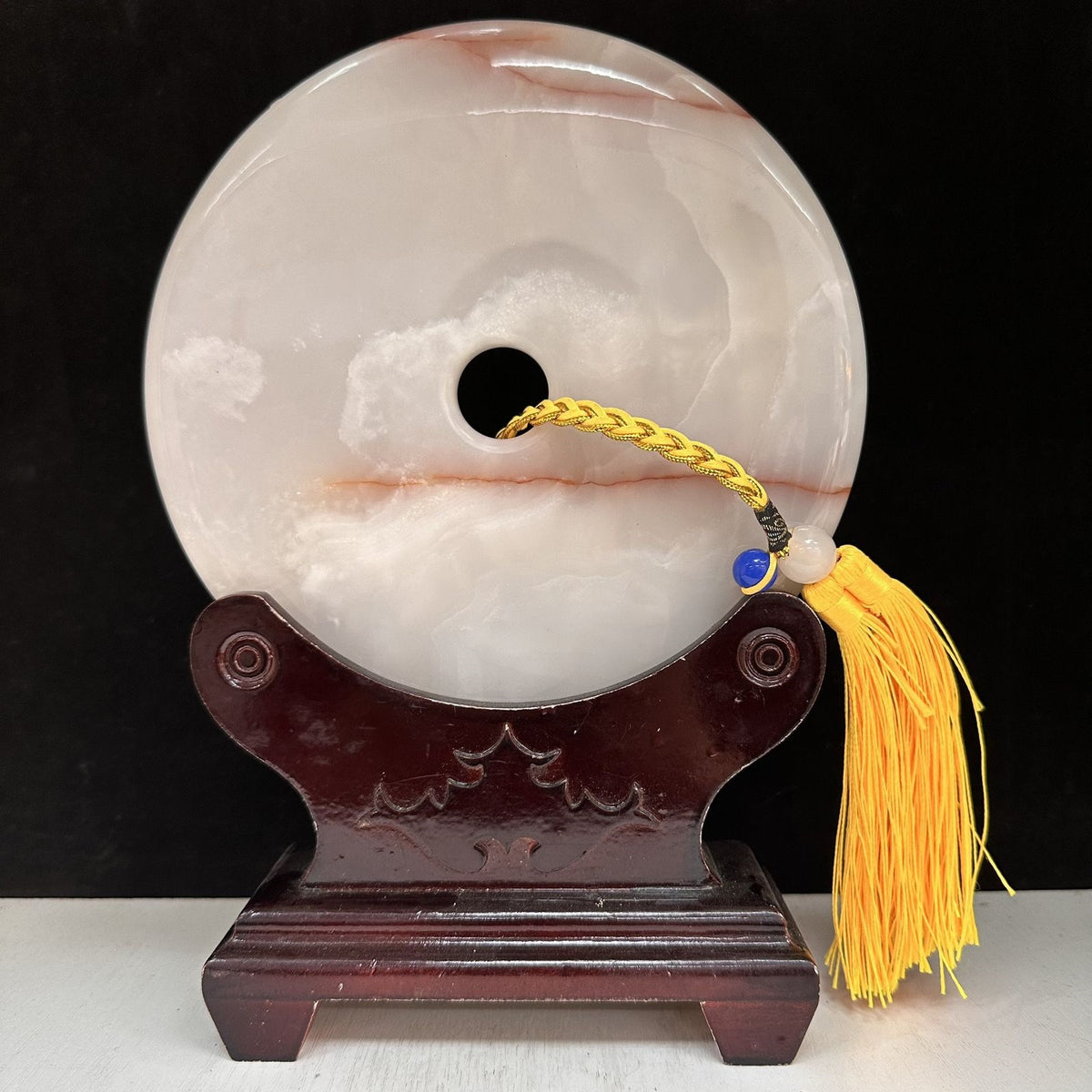 Pattern 48 Blush Horizon natural Afghan stone Chinese peace buckle bi-disc ornament 20 cm with wood display stand