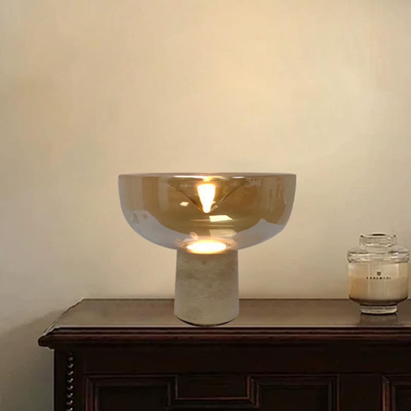 Amber bowl travertine LED table lamp 4