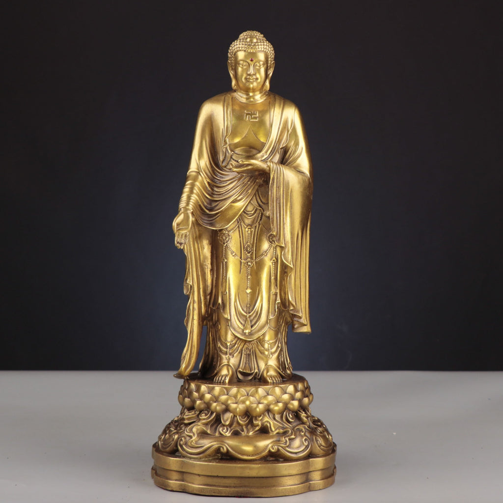Amitabha Buddha figure from the Western Three Saints copperware set, standing on a lotus and cloud base for Buddhist altar and meditation room decor