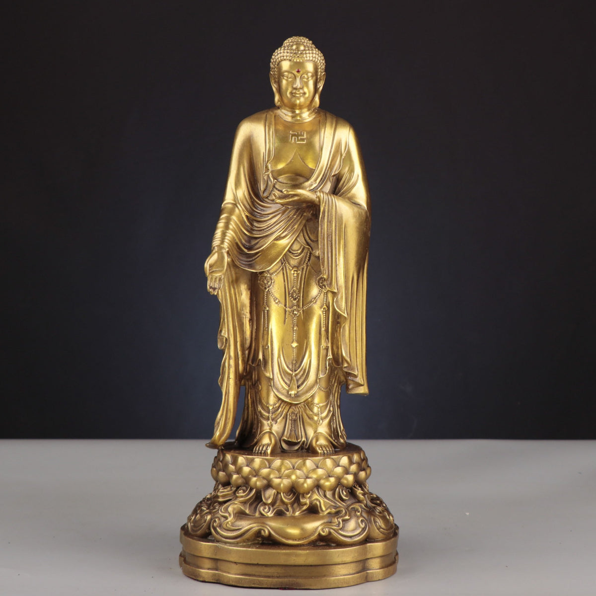 Amitabha Buddha figure from the Western Three Saints copperware set, standing on a lotus and cloud base for Buddhist altar and meditation room decor