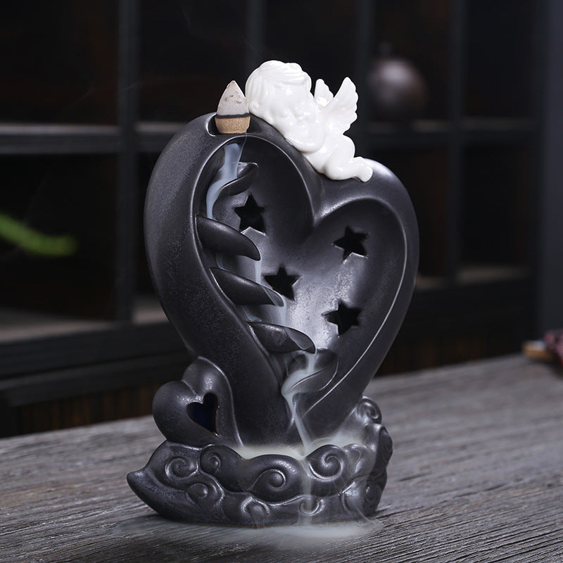 Heart and stars cherub backflow incense burner with sculpted cloud base