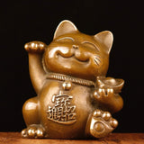 Antique Yellow Copper Lucky Cat / Zhao Cai Mao Sculpture – 3 Sizes | Chinese Auspicious Cat for Shop, Office, Entrance & Business Gift