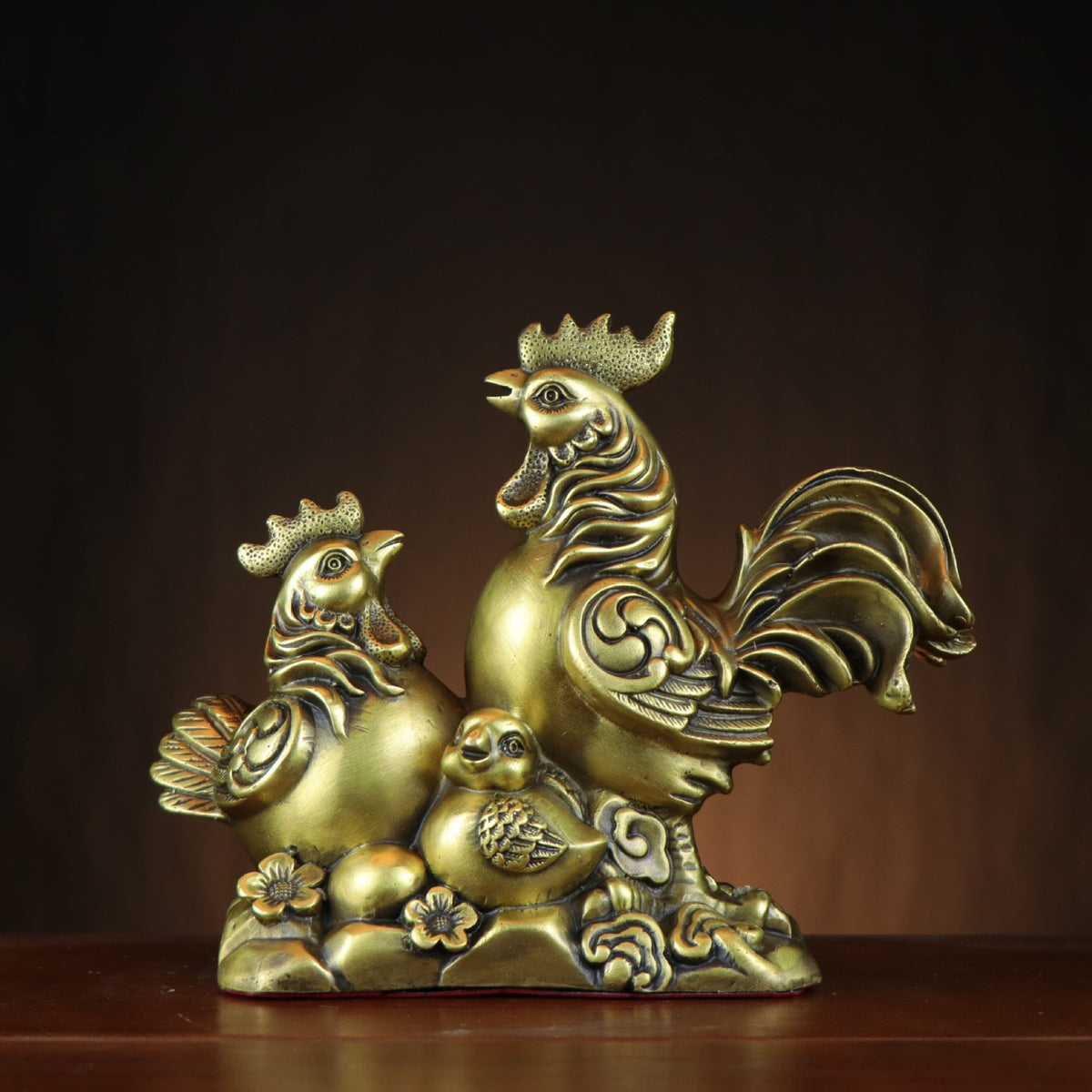 Chinese auspicious chicken family copper decor angled view with rooster hen and chick