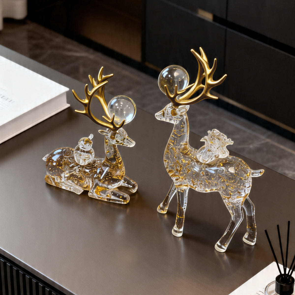 Clear gold-tone deer figurine pair for New Chinese style console and entryway decor