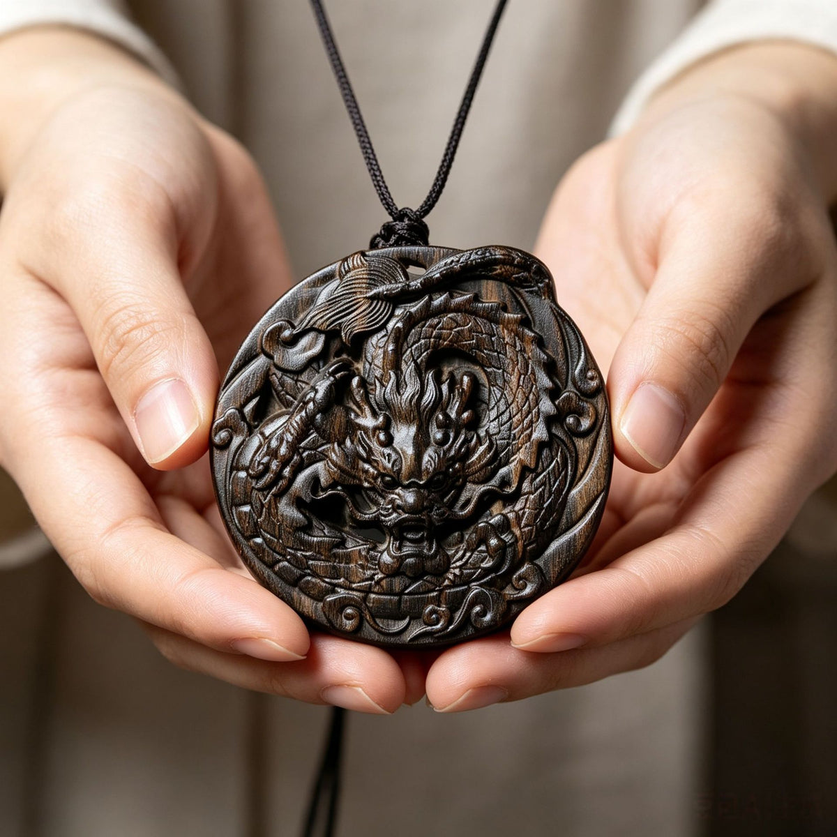 Round dark carved wood Chinese dragon pendant with cloud relief and traditional auspicious symbolism