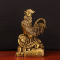 Auspicious wealth rooster standing on coins and ingots in antique gold copper-tone finish