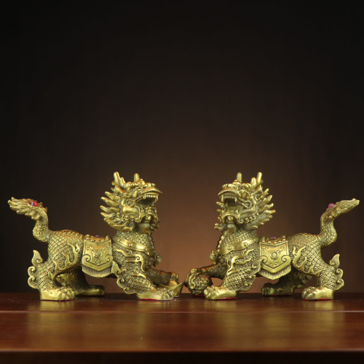 Ba Bao Qilin Eight Treasures copperware paired display with two facing Chinese auspicious Qilin for office entrance and business opening decor