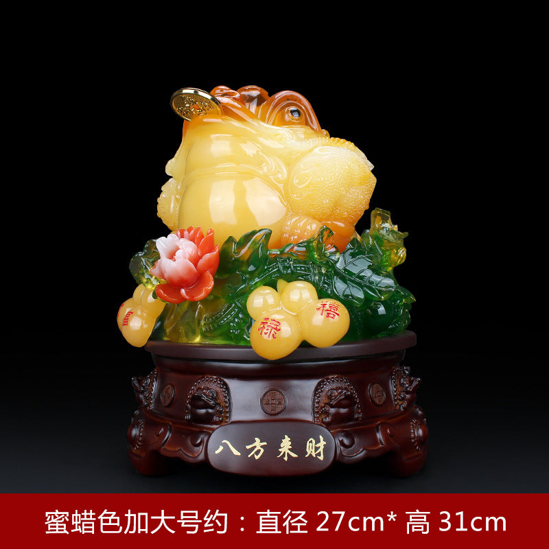 Ba Fang Lai Cai three-legged Jin Chan money toad sculpture in honey amber color for shop office cashier counter and business gift decor