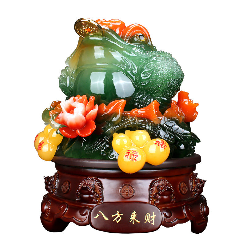 Ba Fang Lai Cai three-legged Jin Chan money toad sculpture in dark green ink-jade color on a carved display base