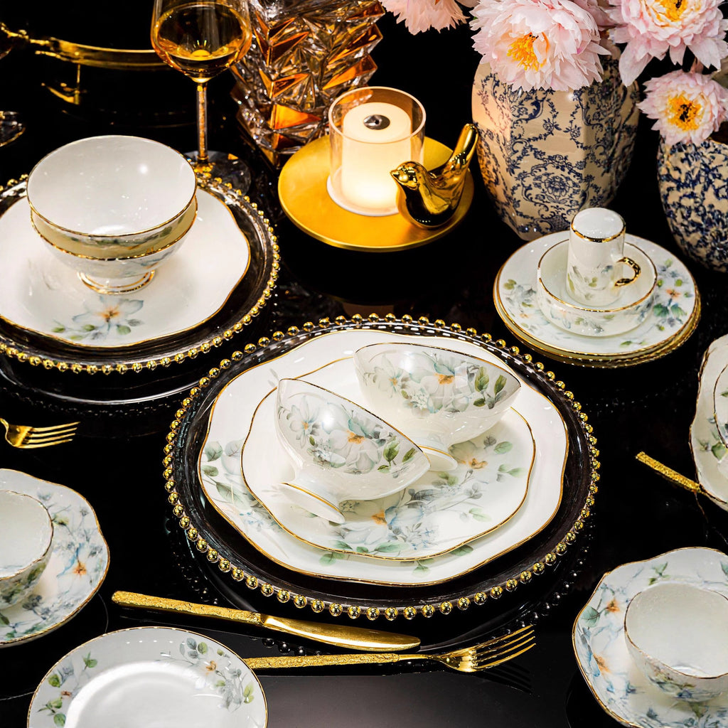 Baiyu Huayu floral bone china place setting with gold rim and matching bowls