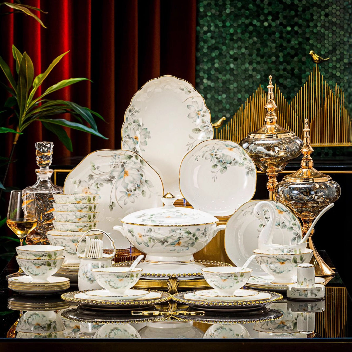 Complete Baiyu Huayu white floral luxury dinnerware collection with gold-edged plates bowls and serving ware