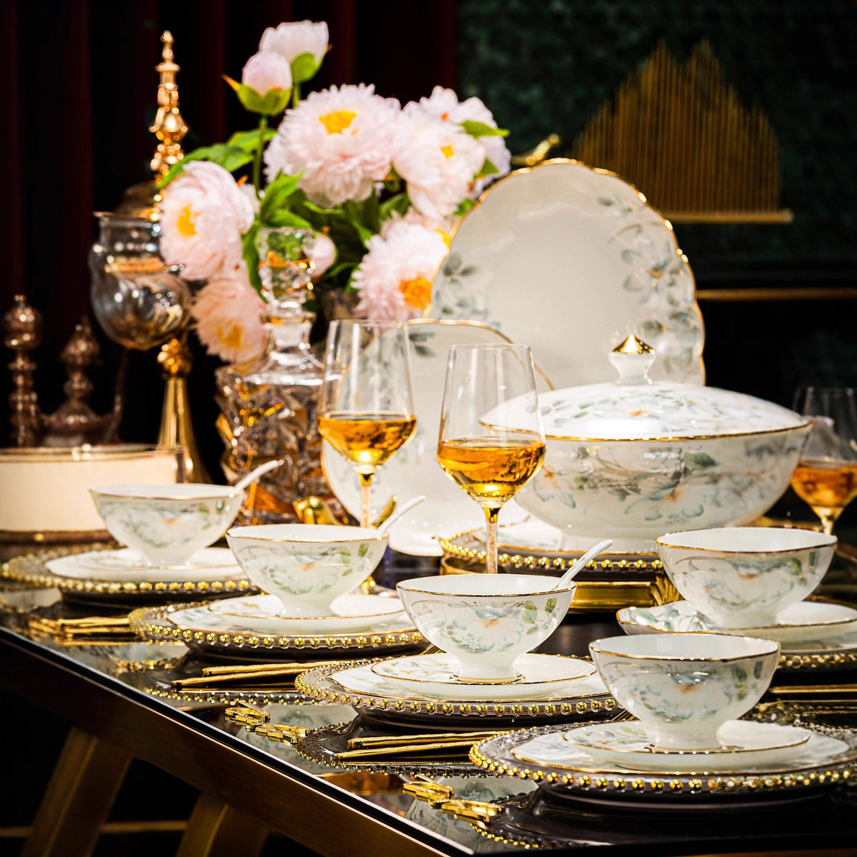 White floral Baiyu Huayu Jingdezhen-style dinnerware set displayed on an elegant dining table