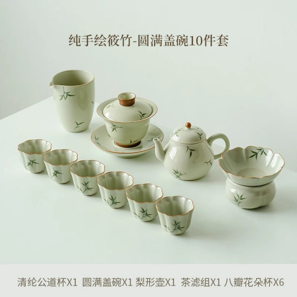 10-piece hand-painted bamboo Gongfu tea set with round gaiwan and six cups