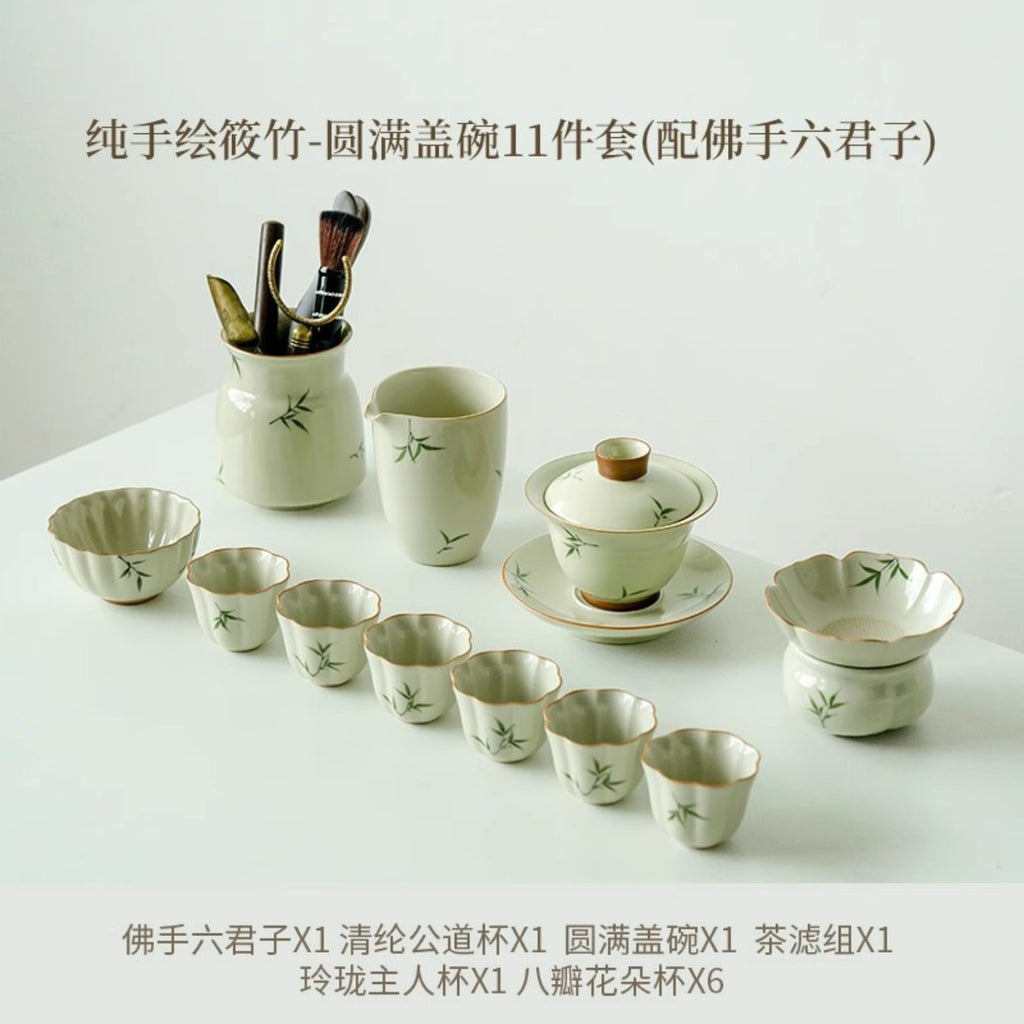 11-piece hand-painted bamboo Gongfu tea set with gaiwan and tea utensil holder