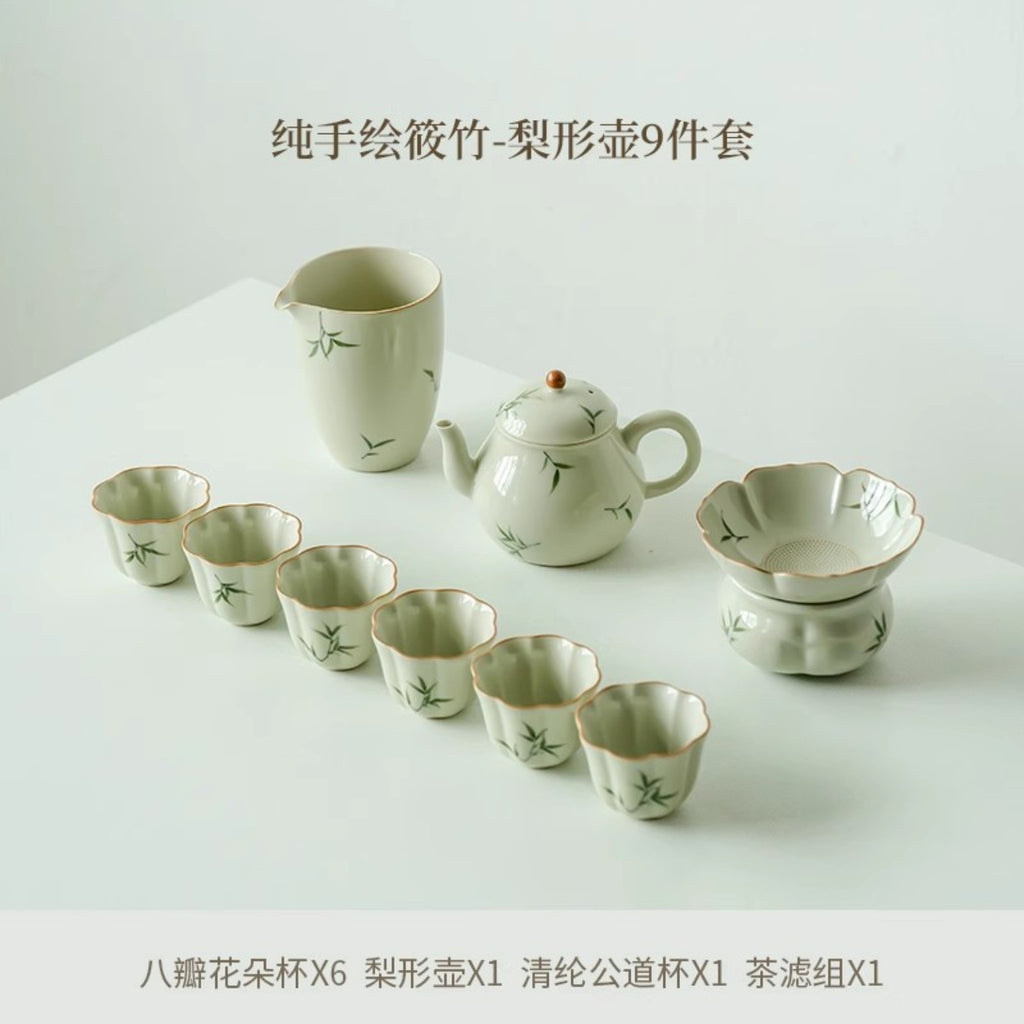 9-piece hand-painted bamboo Gongfu tea set with pear-shaped teapot, pitcher, filter and six cups